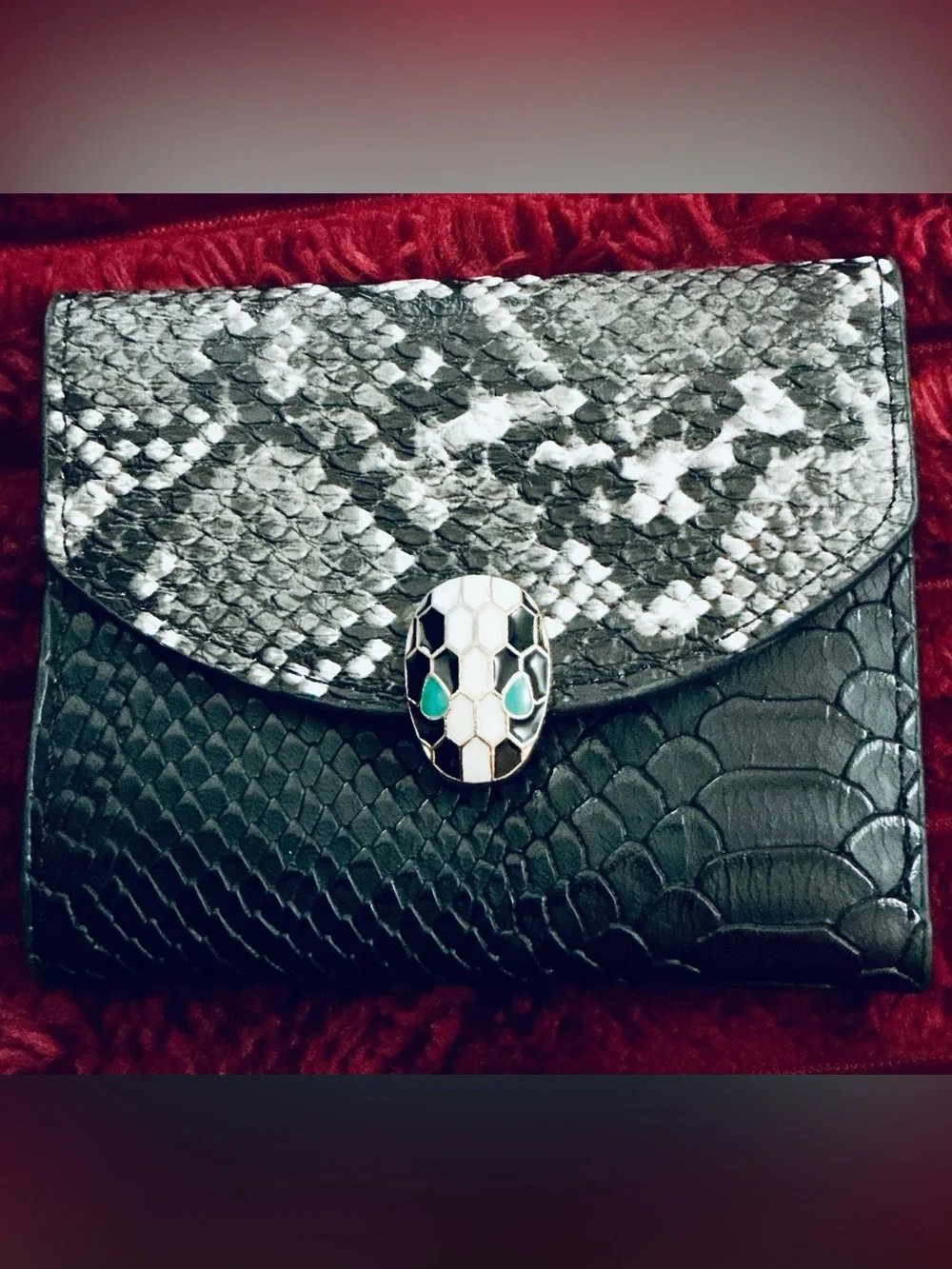 Black Faux Snakeskin Foldover Clutch with Gold Snake-Head Accent